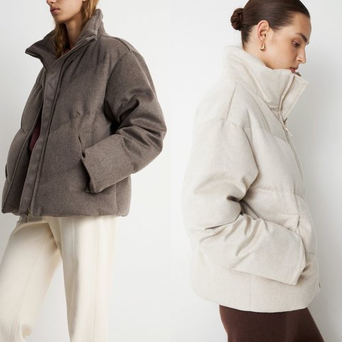 北欧小众LI 拥抱冬天 羊毛羊绒毛呢宽松茧型垮肩白鸭绒外套羽绒服