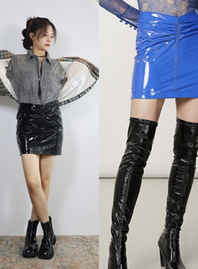 【清仓】意大利PP 性感包臀裙纯色高腰短裙缎面光泽感漆皮半身裙