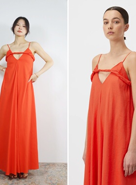 【特】澳洲设计师cm 一席美裙 吊带绞花显瘦亚麻度假橘红色连衣裙