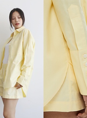 澳洲wit 小鸡黄rua一rua 宽松廓形垮肩男友口袋全棉衬衫短裤套装