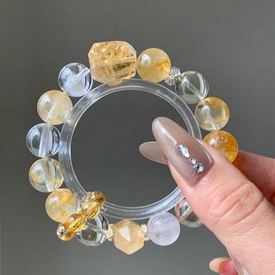 高端水晶原创招财黄水晶手串黄胶花高能量白幽灵聚宝盆手链女金土