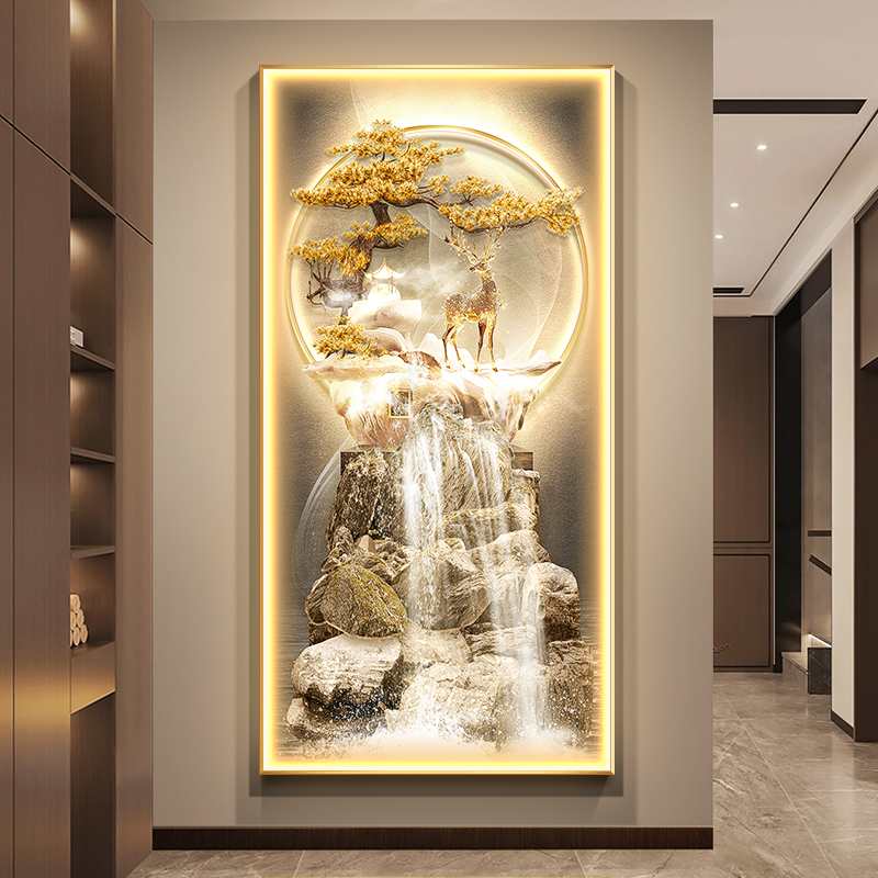 轻奢流水生财走廊尽头挂画带灯光招财鹿玄关装饰画进门正对墙壁画图片