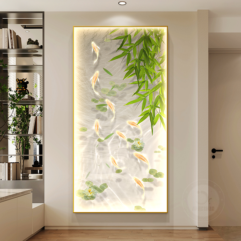 奶油风九鱼图玄关装饰画竹子走廊过道挂画小清新绿植入户带灯壁画图片