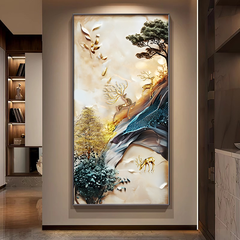 福鹿风景入户玄关装饰画轻奢竖走廊背景墙上挂画过道尽头壁画抽象图片