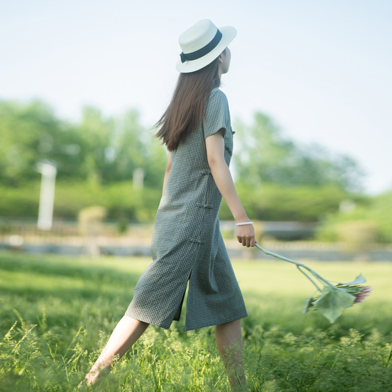 凤凰记|再相逢原创女装棉布小格子宽松改良大码日常短袖夏季旗袍