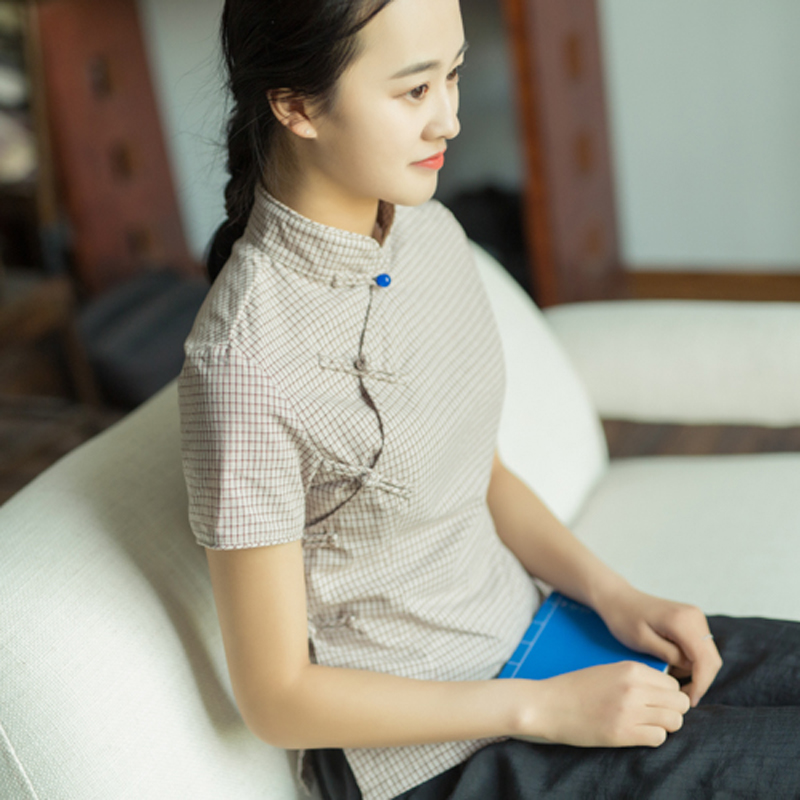 凤凰记【丁香】中式女装偏襟手工扣夏季短袖短款修身棉布格子上衣