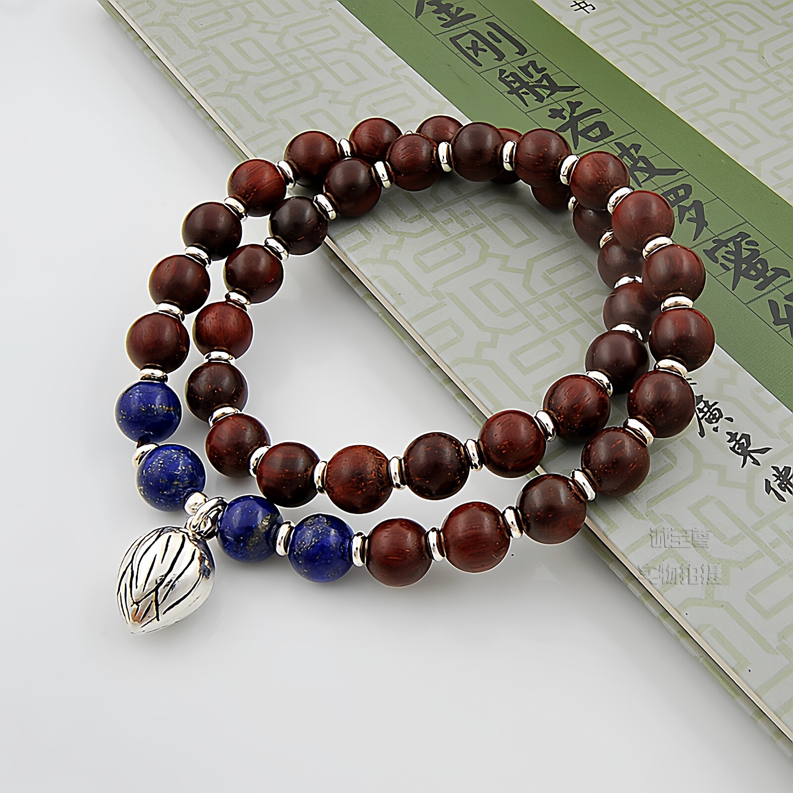 青金石小叶紫檀木手串佛珠念珠纯银荷花手链包邮民族风珠子