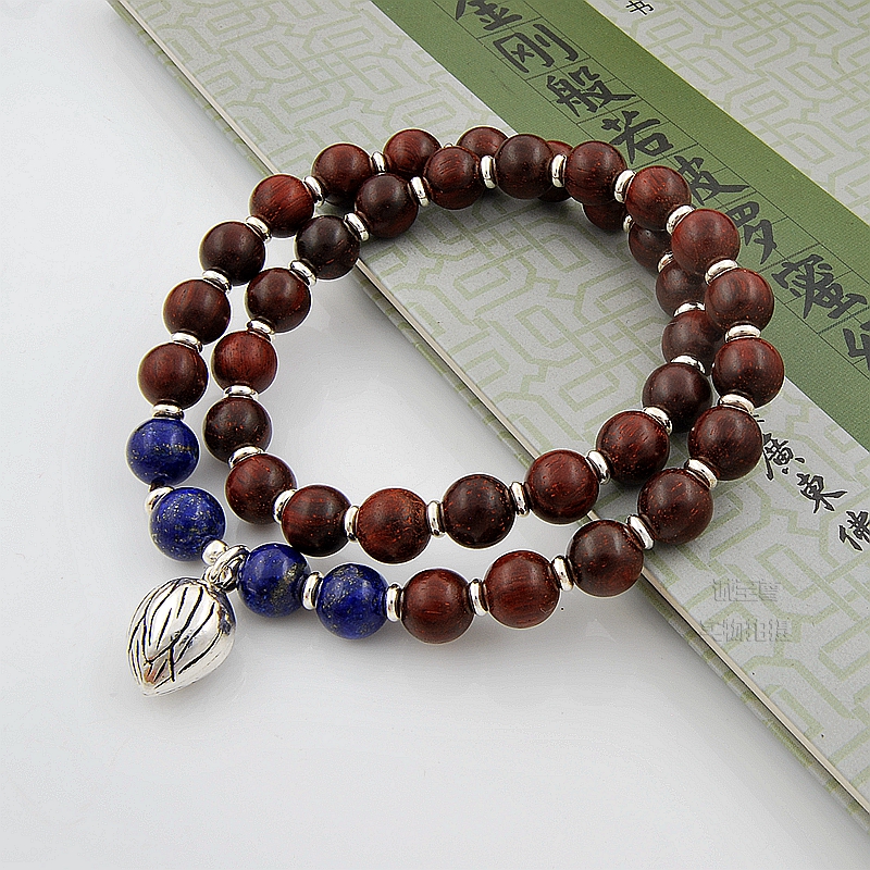 青金石小叶紫檀木手串佛珠念珠纯银荷花手链包邮民族风珠子