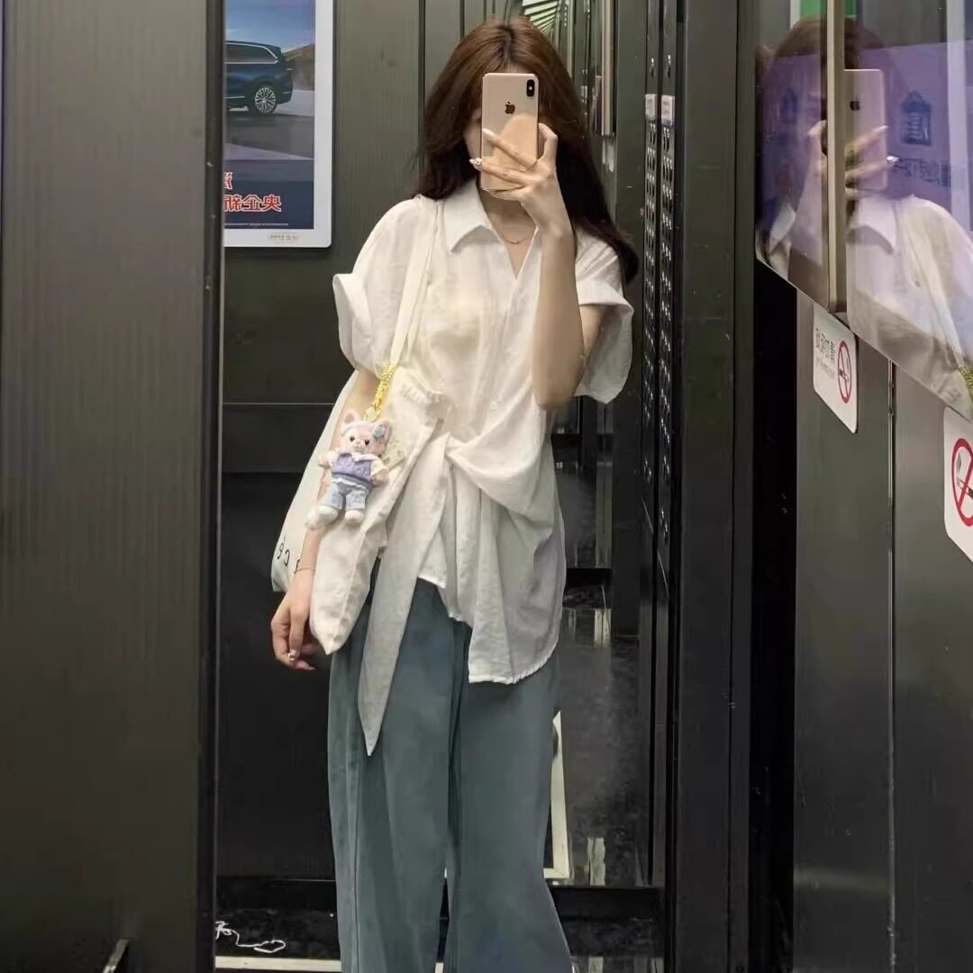 巨好看韩系白色短袖衬衫女2026夏季大码胖mm独特漂亮绑带遮肚上衣