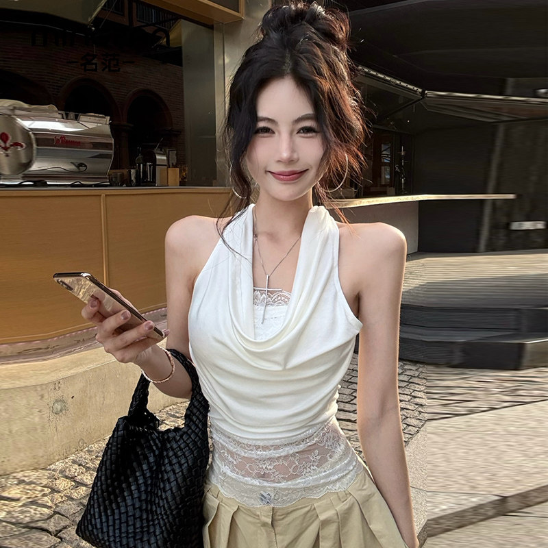 2026夏季新款女装蕾丝拼接短款上衣设计感白色挂脖荡领吊带背心女