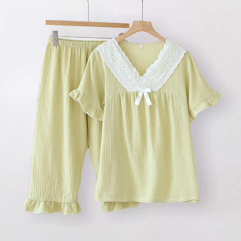 V领短袖七分裤蕾丝花边睡衣女夏季双层棉纱纯棉简约家居服套装薄