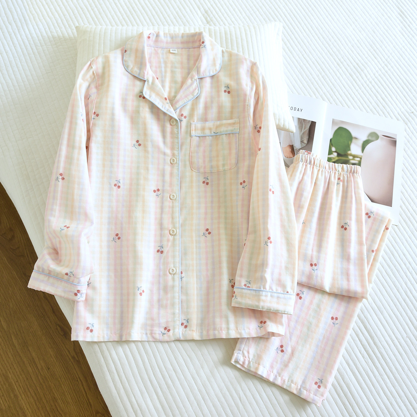 纯棉纱布睡衣女加大宽松春秋长袖薄款双层纱布家居服套装可外穿