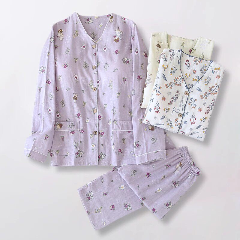 带胸垫纯棉双层纱布睡衣女款春秋夏季圆领长袖薄款全棉家居服套装