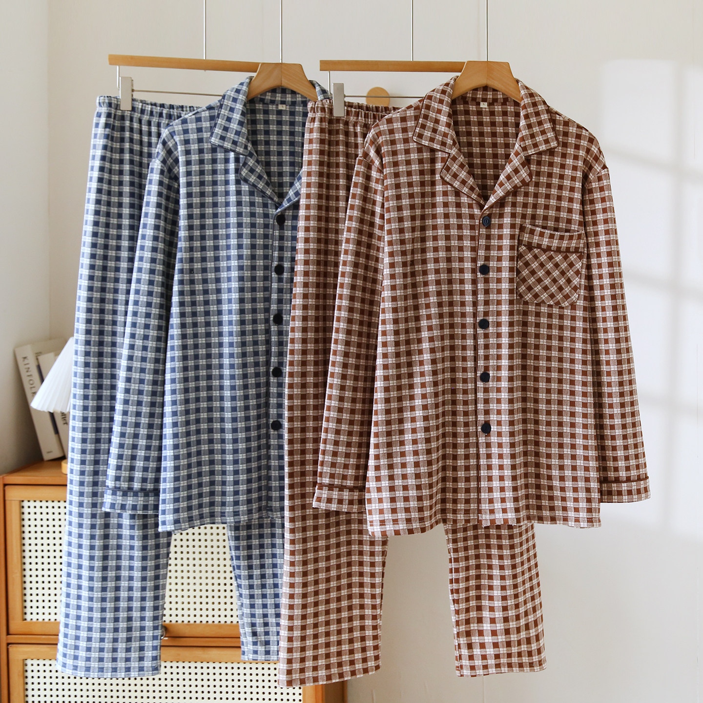 德绒男士睡衣秋冬季加绒加厚保暖带弹力简约格子家居服套装暖和