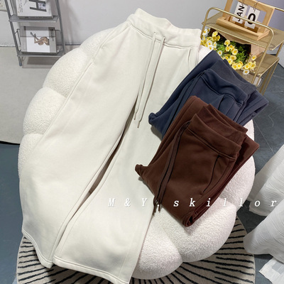 lulu同款双层腰加绒阔腿裤Plush Fleece女秋冬拉绒松紧腰瑜伽卫裤