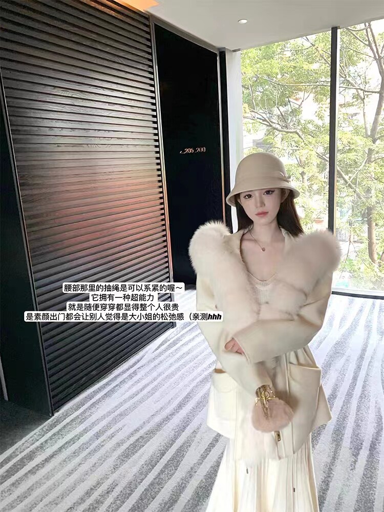 灵气千金大小姐短款小个子环保毛领皮草大衣女春冬毛呢外套