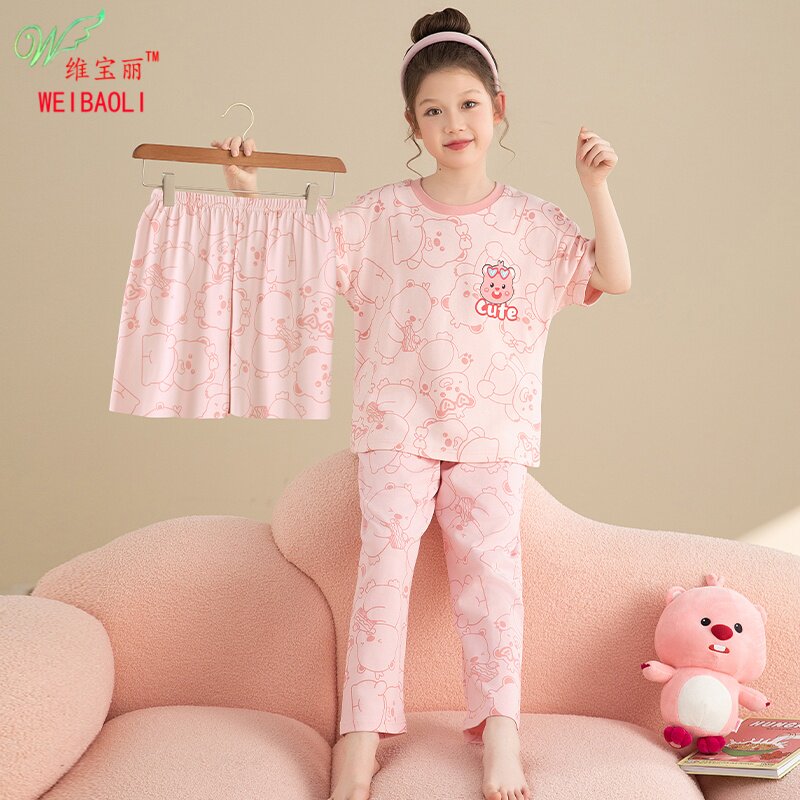 儿童睡衣女童夏季薄款短袖纯棉三件套空调服卡通可外穿套装家居服