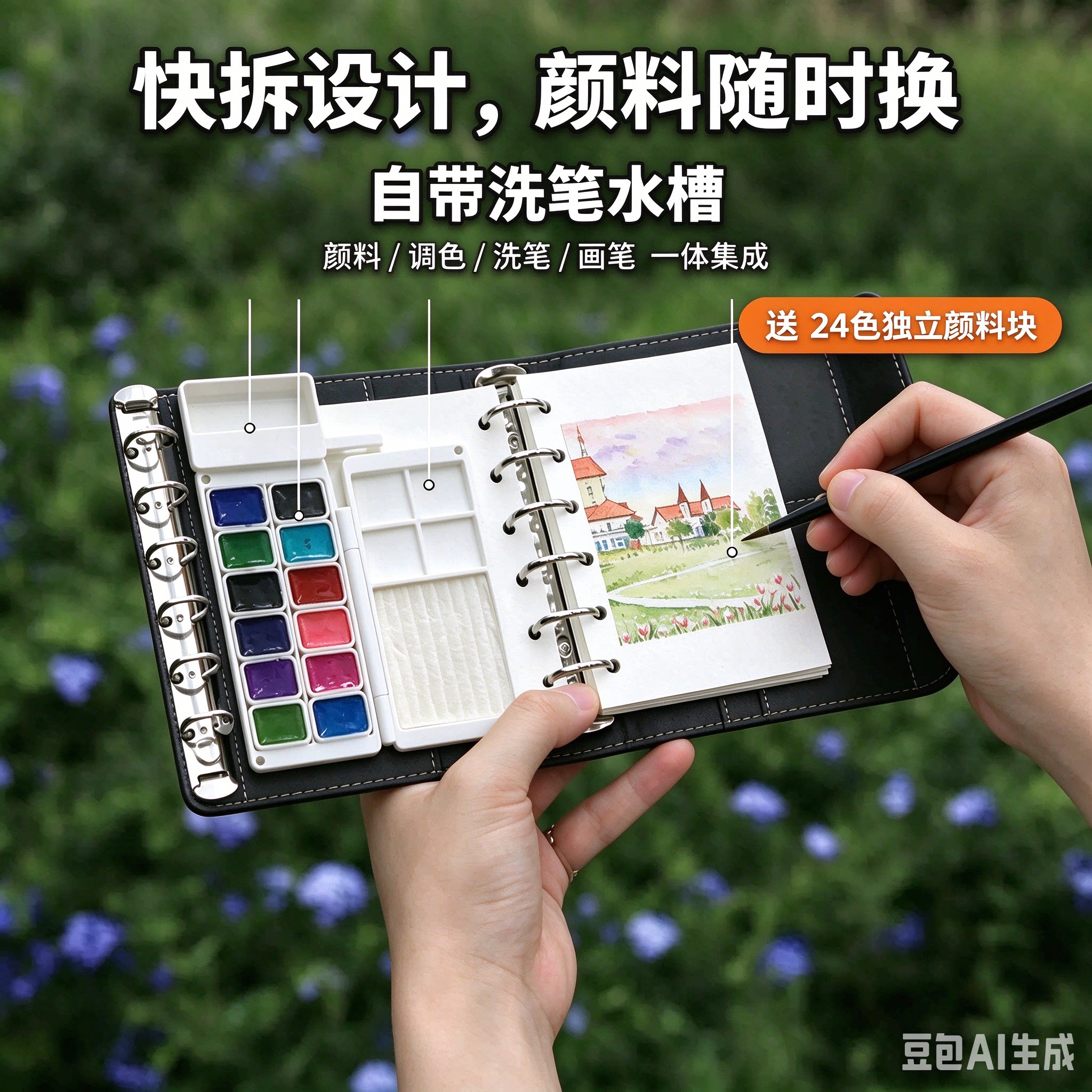 便携手绘本旅行水彩颜料盒活页手帐本随身笔记儿童画写生礼物套装