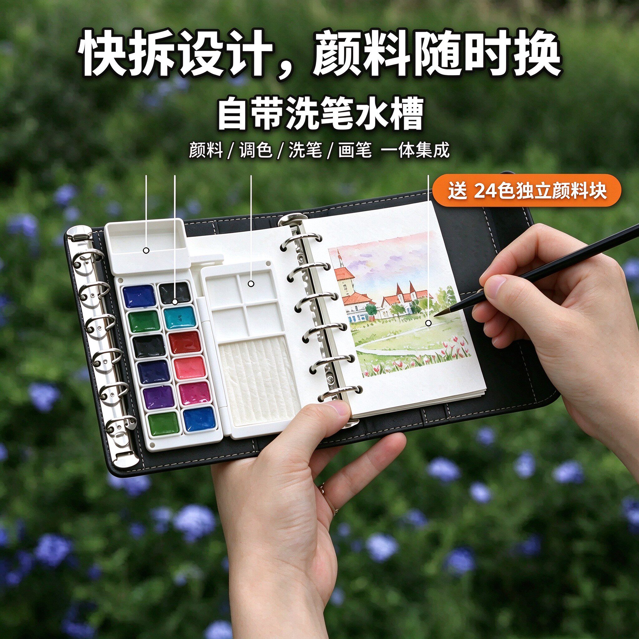便携手绘本旅行水彩颜料盒活页手帐本随身笔记儿童画写生礼物套装