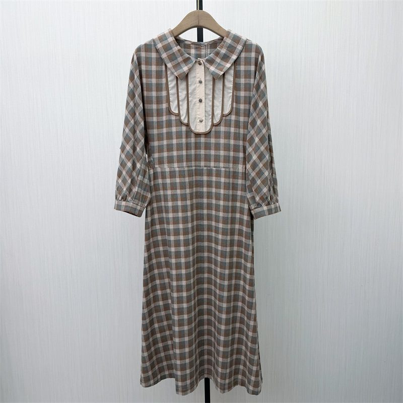 C●2026春季新品 格纹棉麻连衣裙女气质宽松显瘦长袖衬衫裙7292图片