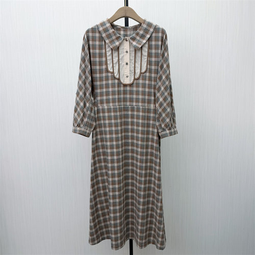 C●2026春季新品 格纹棉麻连衣裙女气质宽松显瘦长袖衬衫裙7292
