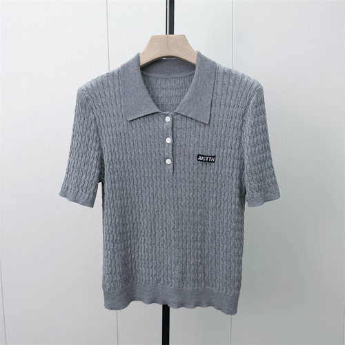 熠●2026秋季新品 polo领短袖针织衫女气质简约通勤显瘦上衣3137