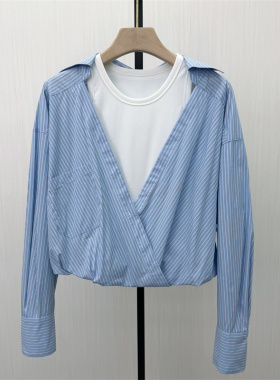 良月●2026春季新品 假两件长袖衬衫女气质宽松简约打底上衣3425