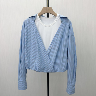 良月●2026春季新品 假两件长袖衬衫女气质宽松简约打底上衣3425