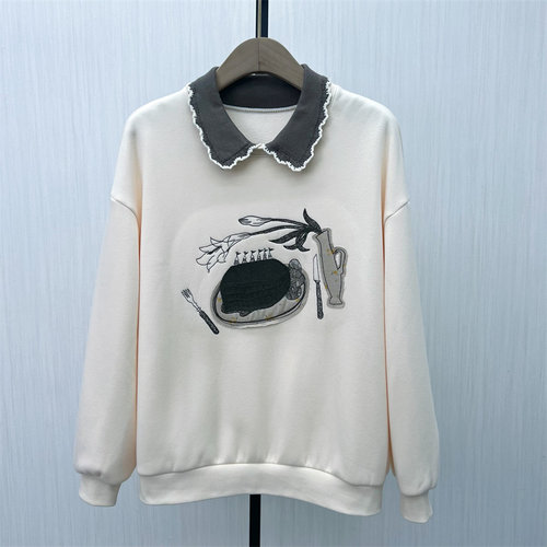 C●2025冬季新品 加绒印花套头卫衣女减龄娃娃领宽松长袖上衣1230