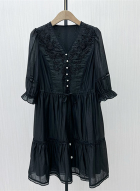 芭●2025秋季新品 法式v领连衣裙女气质显瘦小清新a字茶歇裙2726