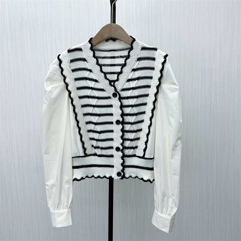 芭●2025春季新品 假两件上衣女时尚针织拼接休闲设计感衬衫0040