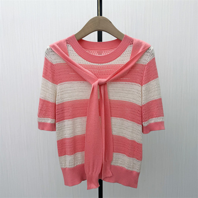fei●2026春季新品 条纹短袖针织衫女气质宽松显瘦打底衫上衣5306