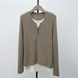 C●2025冬季新品 假两件针织衫女宽松套头简约百搭圆领毛衣2568