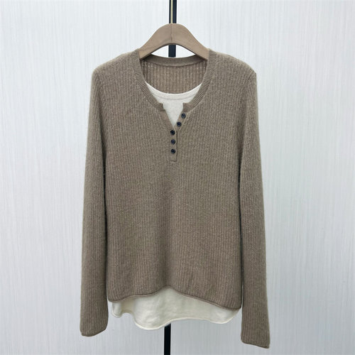 C●2025冬季新品 假两件针织衫女宽松套头简约百搭圆领毛衣2568