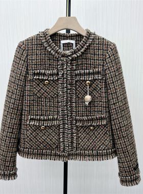 fei●2025冬季新品 格纹呢子大衣女宽松气质通勤短款毛呢外套8425