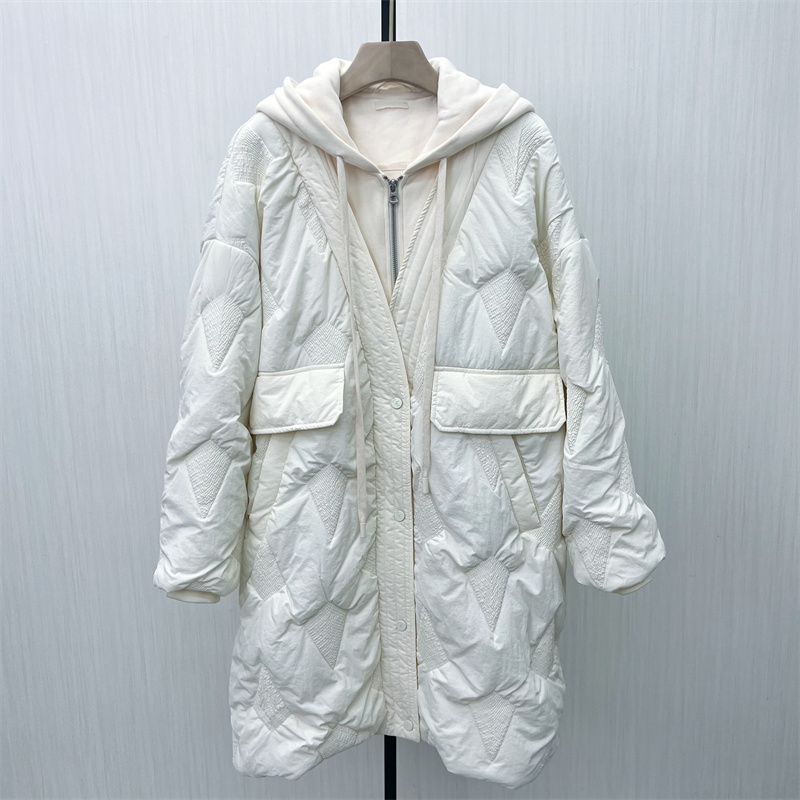 C●2025冬季新品 长款假两件棉服女宽松休闲连帽加厚保暖外套9075