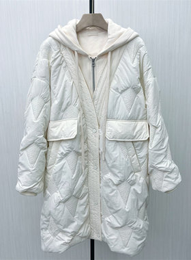 C●2025冬季新品 长款假两件棉服女宽松休闲连帽加厚保暖外套9075