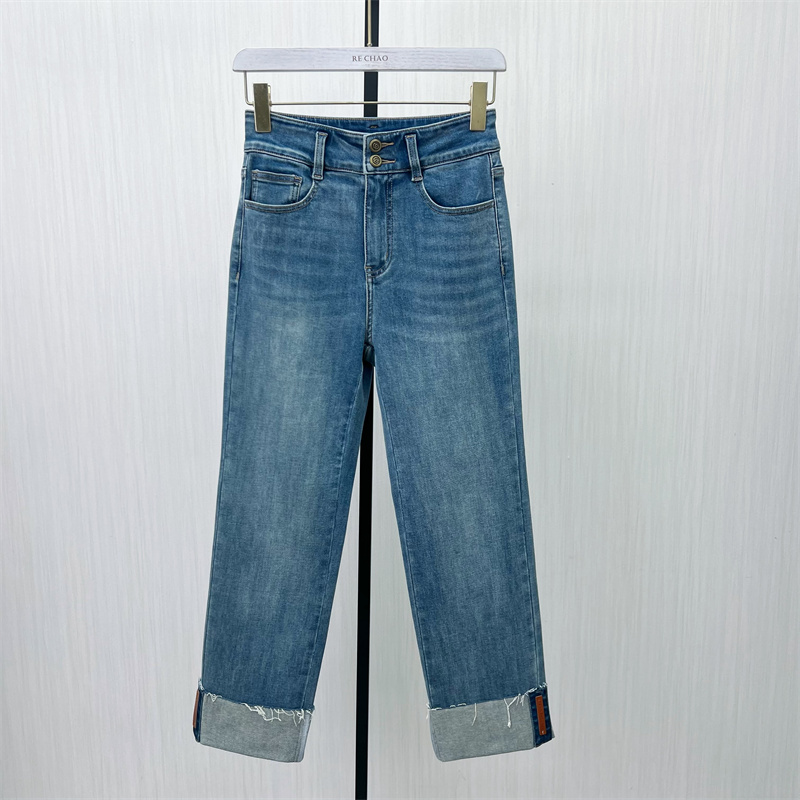 良月●2025春季新品 直筒卷边牛仔裤女高腰显瘦休闲通勤长裤0436