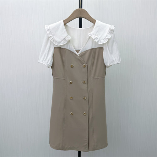 良月●2026夏季新品 娃娃领假两件连衣裙女法式复古设计感a字裙子