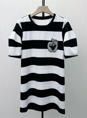香●2026夏季新品 条纹连衣裙女休闲宽松减龄百搭短袖T恤裙1313