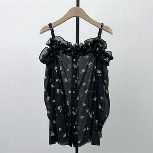 2026夏季 长袖 新品 女气质清新别致薄款 上衣160 一字领碎花衬衫