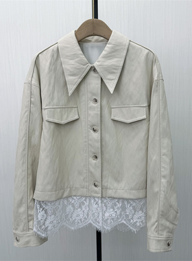 S●2026春季新品 皮衣外套女蕾丝拼接假两件设计感短款夹克882