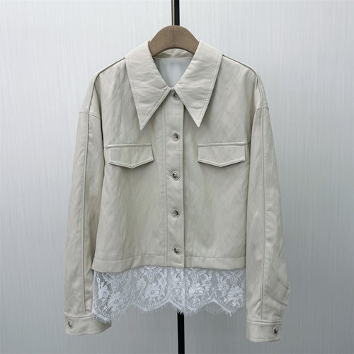 S●2026春季新品 皮衣外套女蕾丝拼接假两件设计感短款夹克882