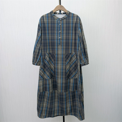 C●2026春季新品 格纹连衣裙女气质宽松显瘦百搭长袖衬衫裙7256