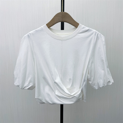 彩●2026春季新品 泡泡袖T恤女宽松休闲百搭短款显瘦打底上衣162