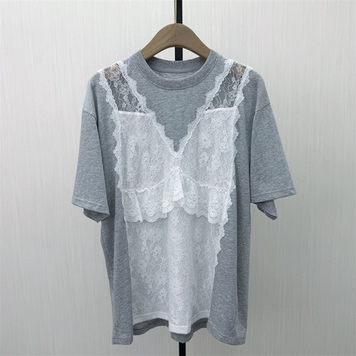 fei●2026夏季新品 中长款短袖女设计感小众蕾丝拼接T恤上衣6094