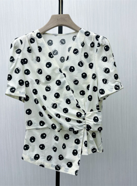 C●2025夏季新品 法式v领印花衬衫女气质小清新显瘦短袖上衣1239
