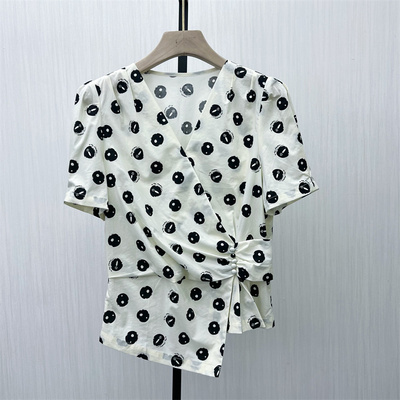 C●2025夏季新品 法式v领印花衬衫女气质小清新显瘦短袖上衣1239