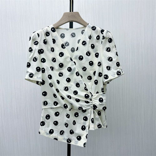 C●2025夏季新品 法式v领印花衬衫女气质小清新显瘦短袖上衣1239