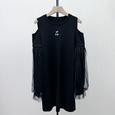 乂●2026春季新品 露肩连衣裙女休闲宽松简约百搭显瘦T恤裙0534